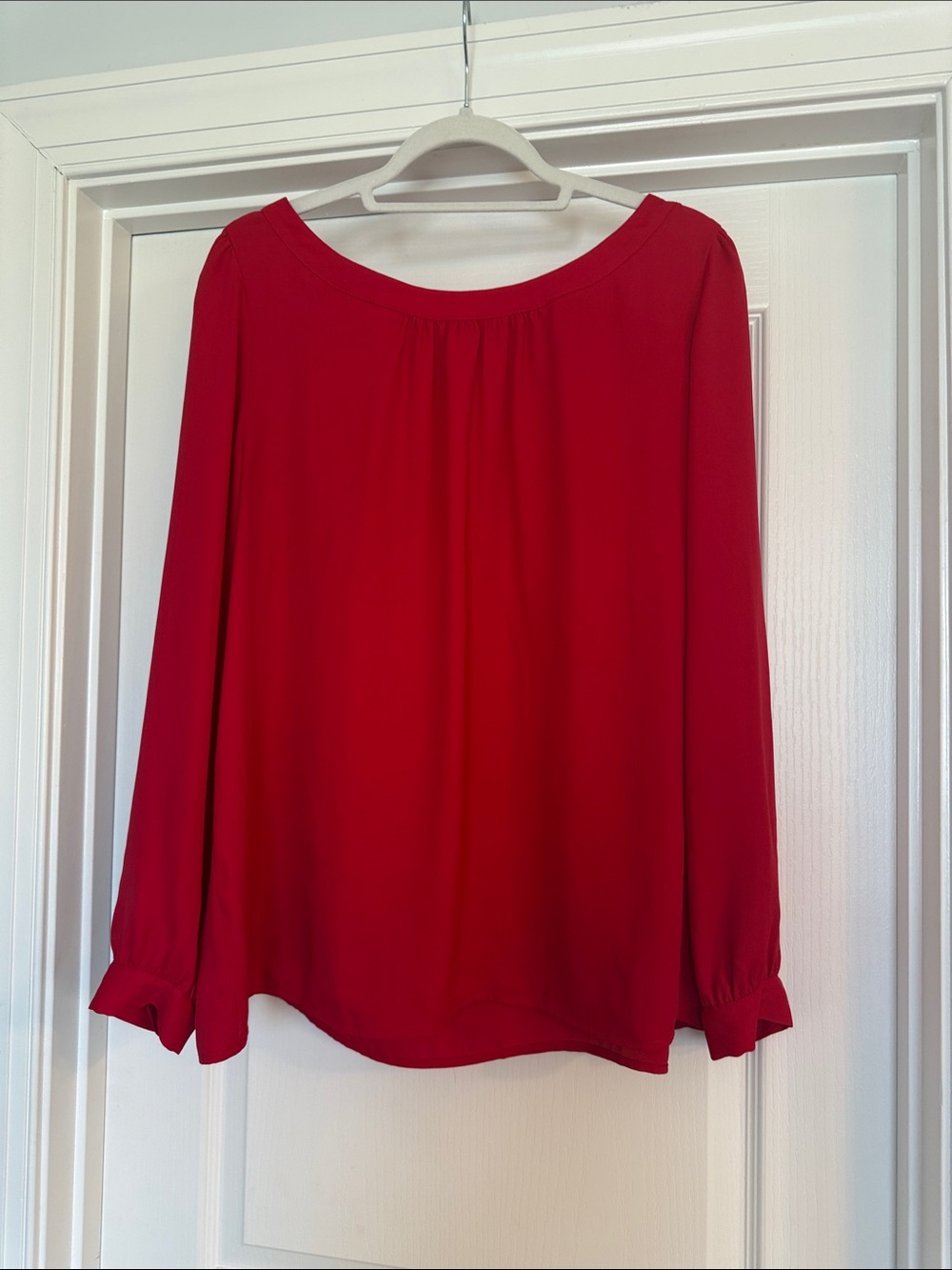 LOFT Womens Scoop Neck Blouse Size XL Red Long Sleeve Bow in Back Preppy Flowy